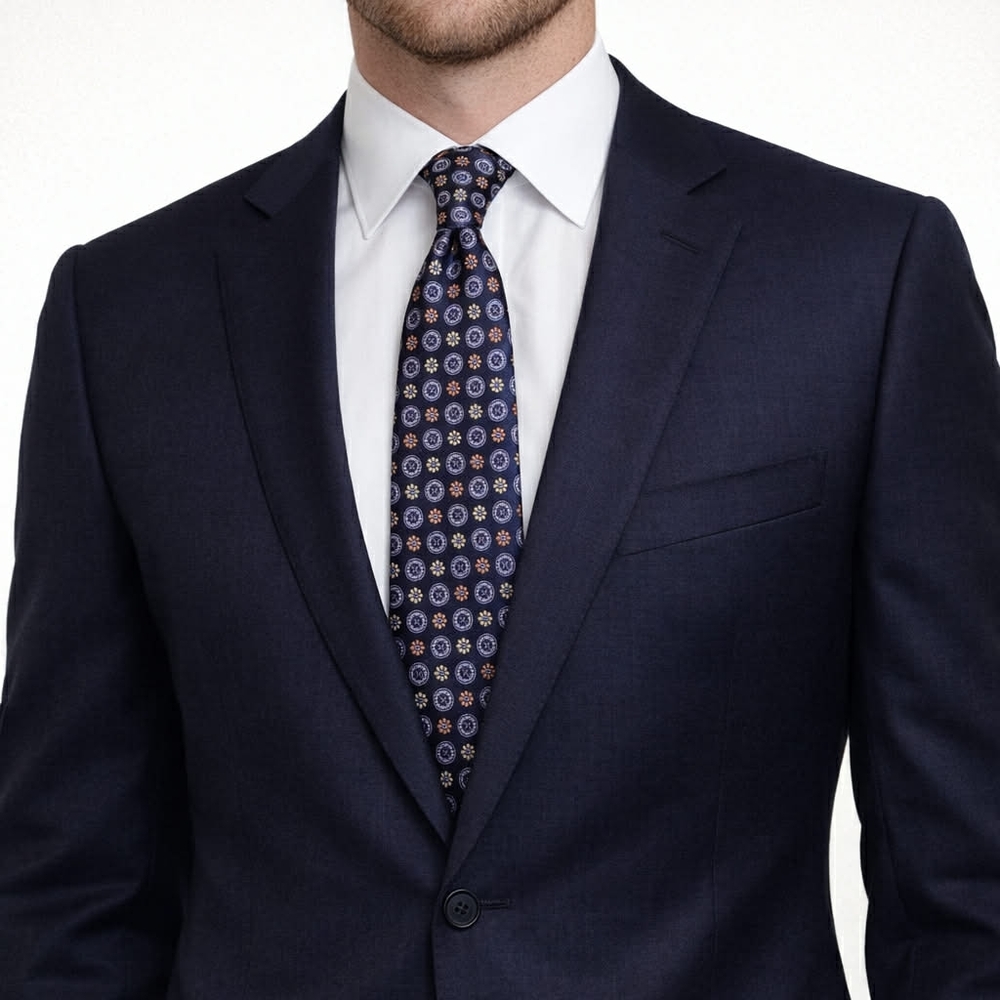 Zanetti Italy, 100% Silk, Medallion Print, Navy Blue, Handmade Men's Tie